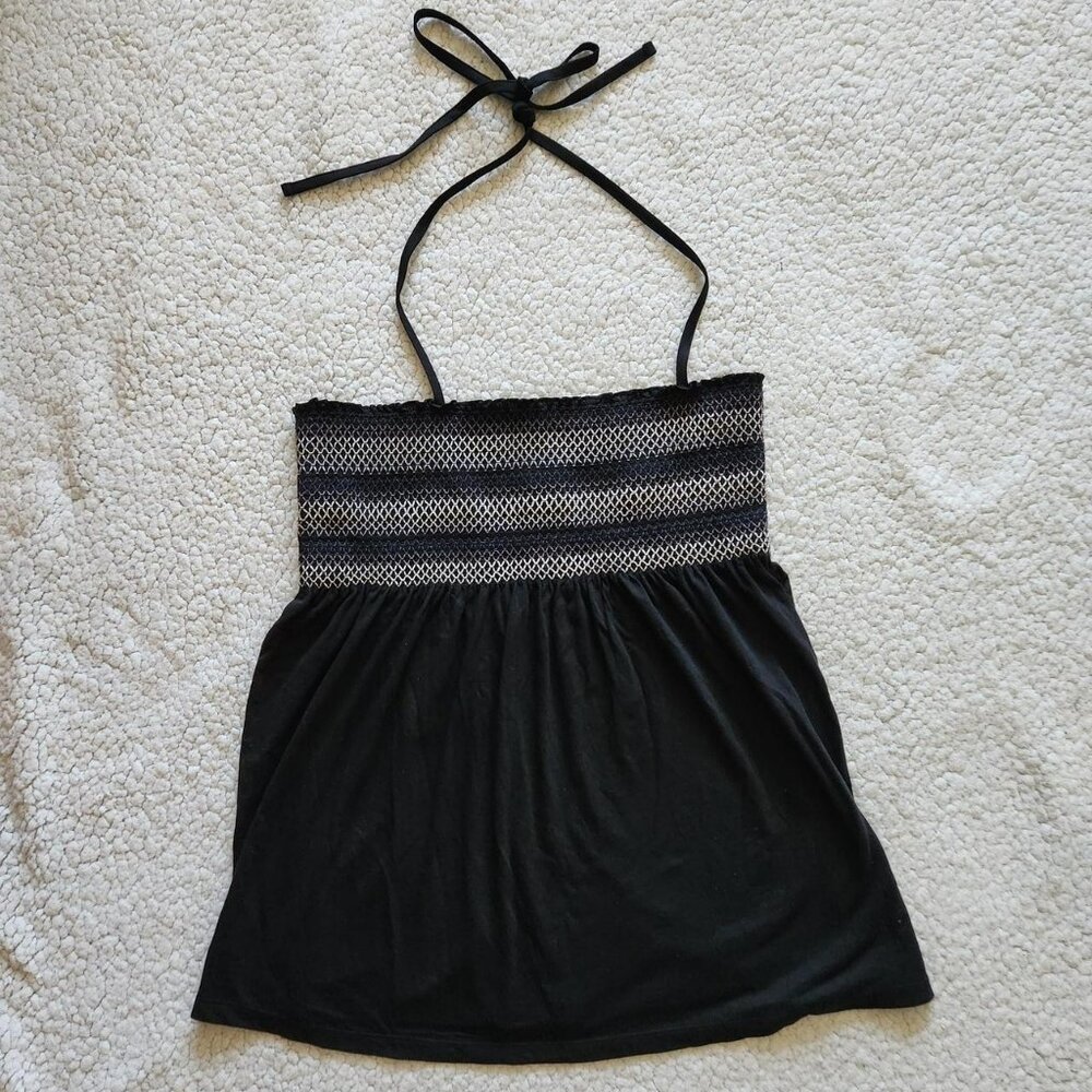 Old Navy Black Striped Ruched Babydoll Halter Top Sz M Boho festivals Y2k